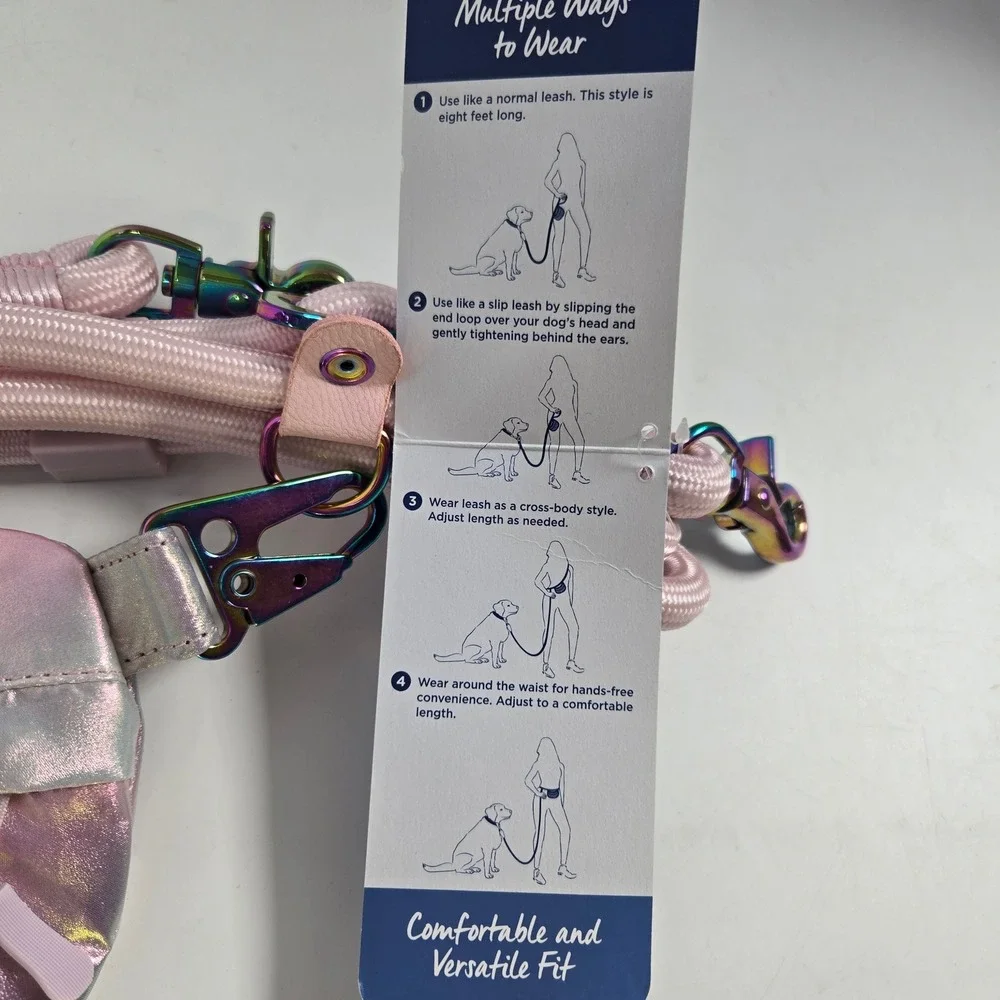 Top Paw Multi-Wear Leash Pouch Pink Purple Iridescent Hands-Free 8ft Pet Gear